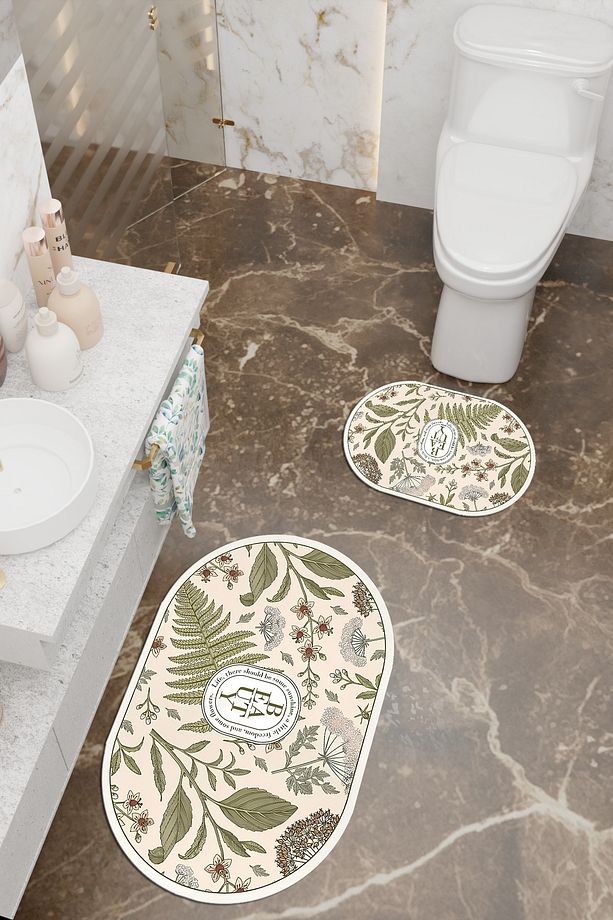 Beauty Desenli Eko Banyo Paspası, Kaymaz Taban, Makinada Yıkanabilir, Dijital Baskı 2'li Set - 2
