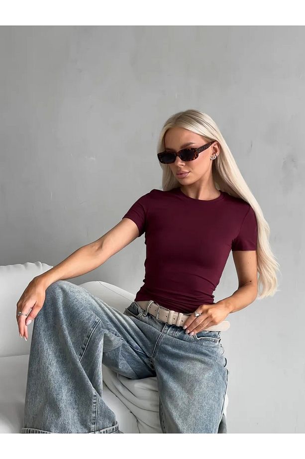 Kadın Body Yazlık Tişört Bordo - 4
