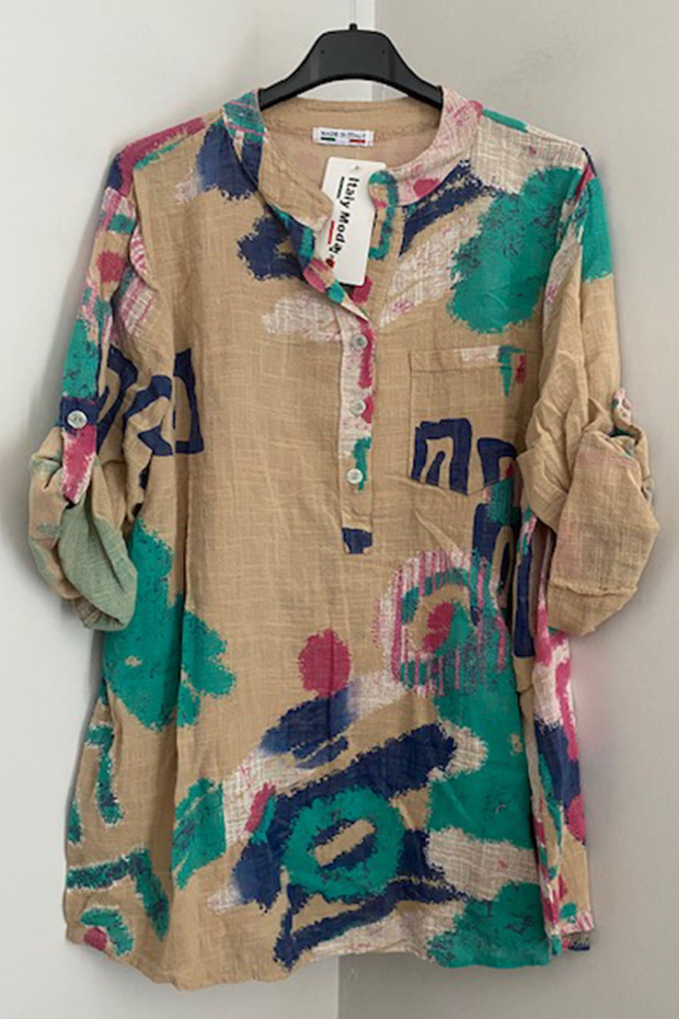 Women's Italian Cappuccino Color Patterned Button Detailed Folding Orphan Sleeve 100% Cotton Blouse