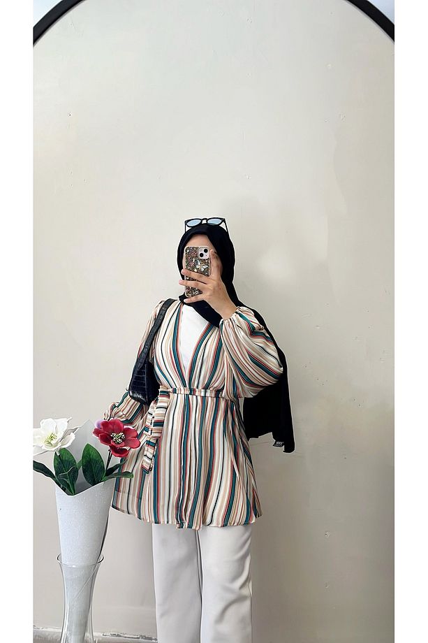 Şifon yazlik çizgili kimono - 1