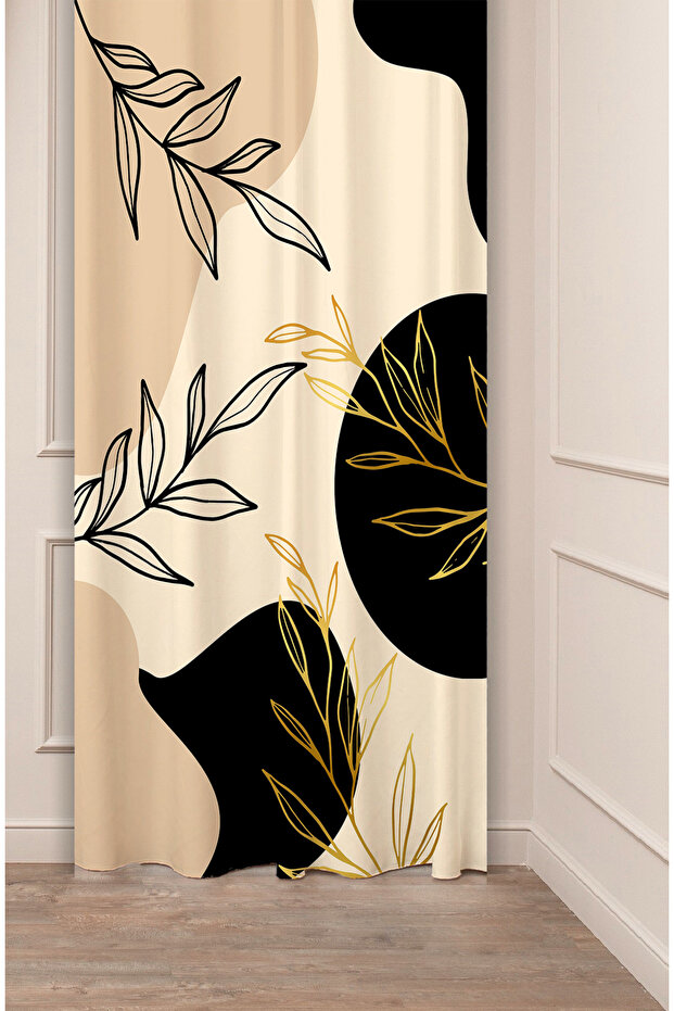 Leaf Graphic Bohemian Minimalist Beige Cream Patterned Special Design Digital Printed (Single Wing) Background Curtain
