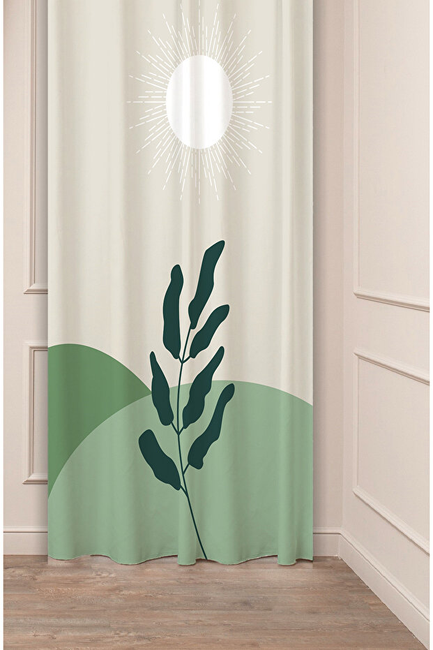 Leaf Sun Bohemian Minimalist Beige Cream Patterned Special Design Digital Printed (Single Wing) Background Curtain
