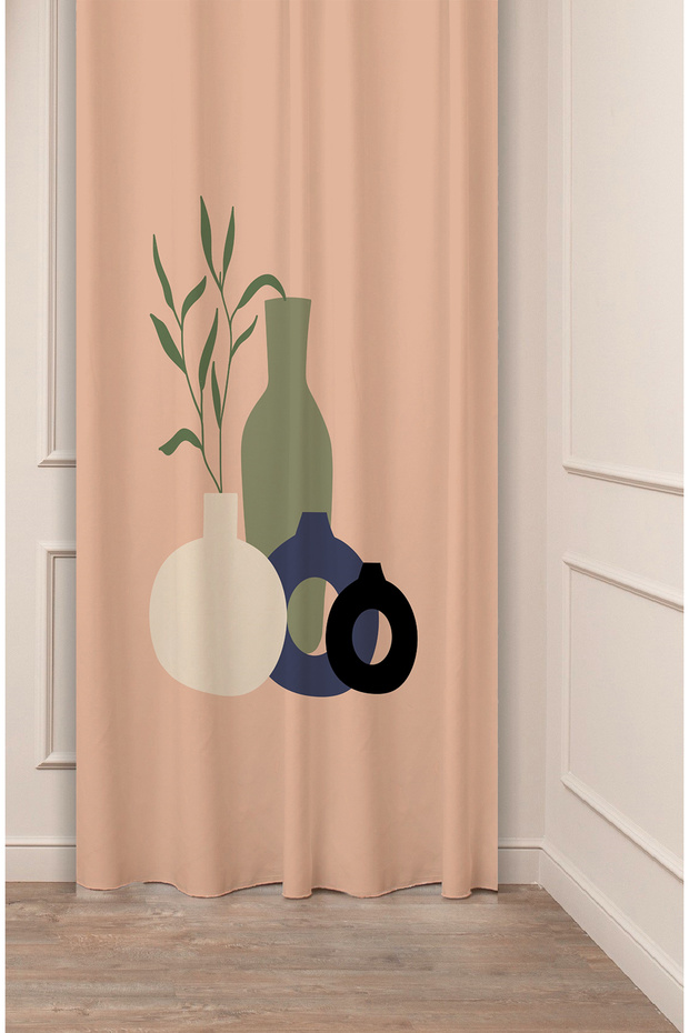 Vase Leaf Bohemian Minimalist Beige Cream Patterned Special Design Digital Printed (Single Wing) Stylish Background Curtain