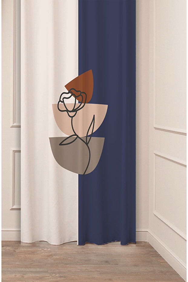 Leaf Graphic Bohemian Minimalist Beige Cream Patterned Special Design Digital Printed (Single Wing) Background Curtain