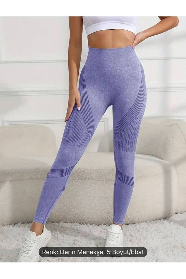 Kadın Mor Renkli Push-up Toparlatıcı Dikişsiz Geniş Bel Bantlı Spor Tayt Yüksek Bel - 2