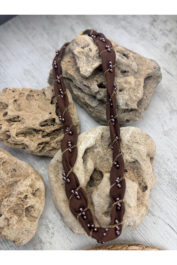 Kahve şal model kumaş zincirli tasarım kolye - 2