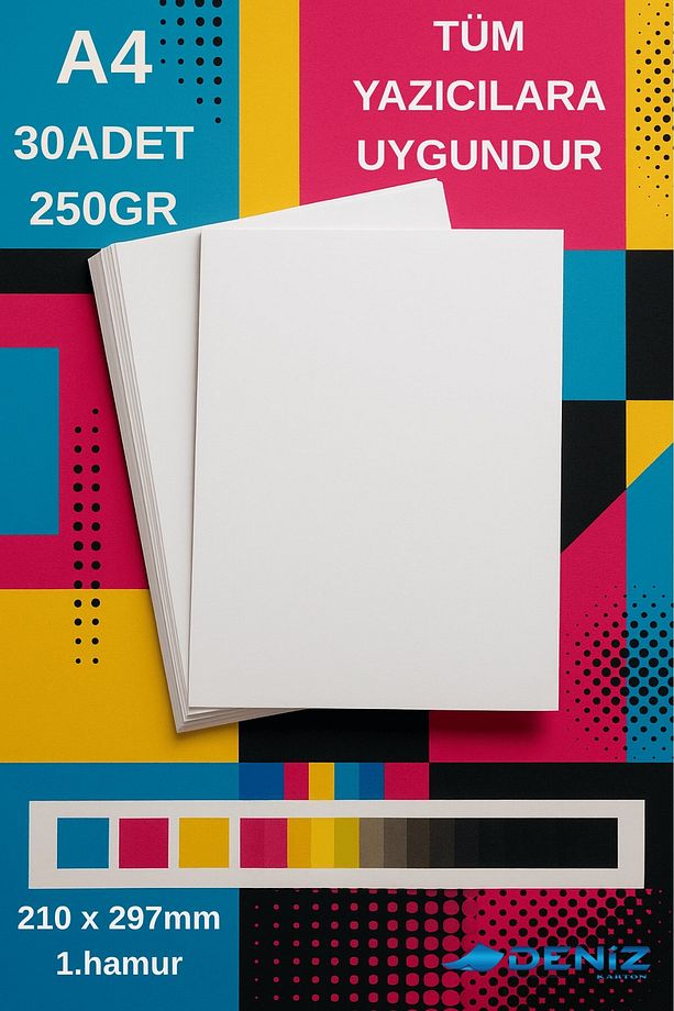 30 Adet | A4 Boy 1. Hamur Baskı Kağıdı - 250 Gram - Davetiye Kağıdı - 1.Hamur Kağıt - 1