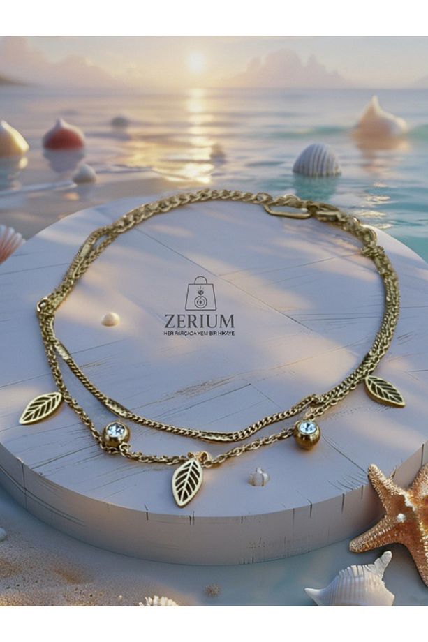 Zarif Yaprak Işıltısı– Altın Renkli Çelik Halhal - 3