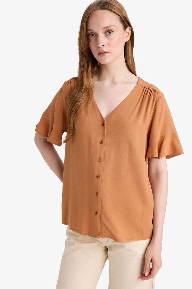 Regular Fit V Yaka Kısa Kollu Gömlek F6086AX25SM - 3