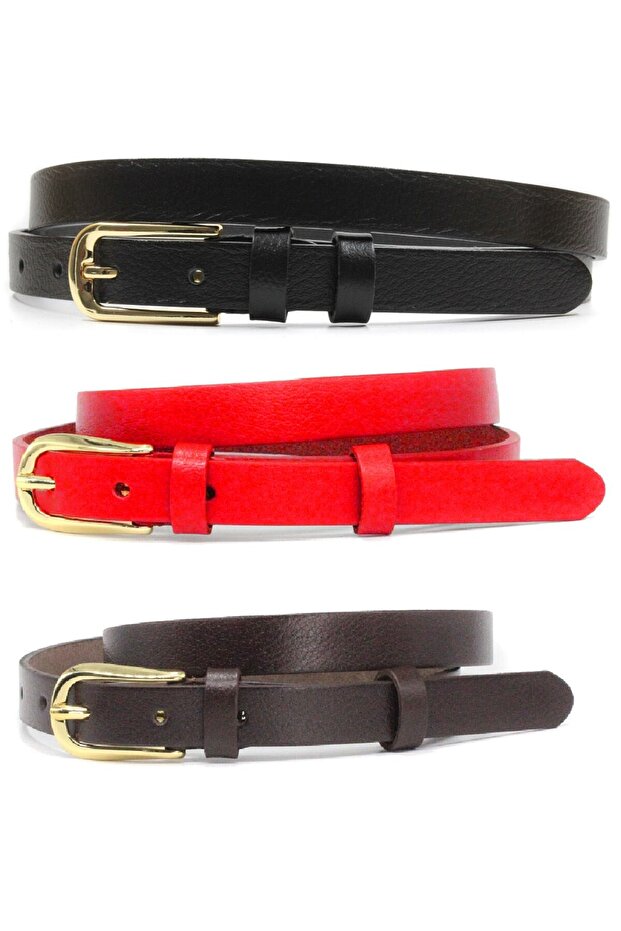 3 Pieces 100% Genuine Leather Stylish Yellow Buckle Women's Belt