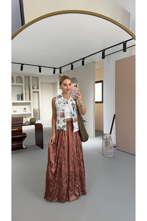 Kırışık Saten Doku Bronz Maxi Etek - 1