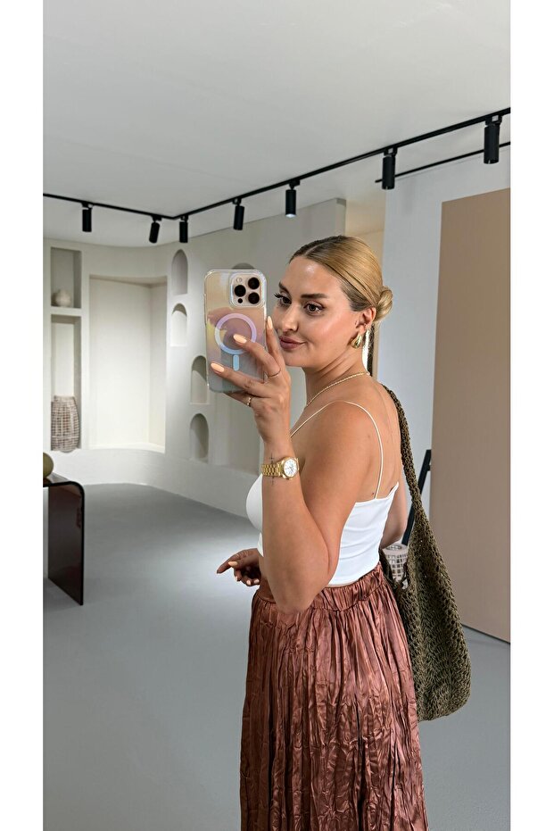 Kırışık Saten Doku Bronz Maxi Etek - 3