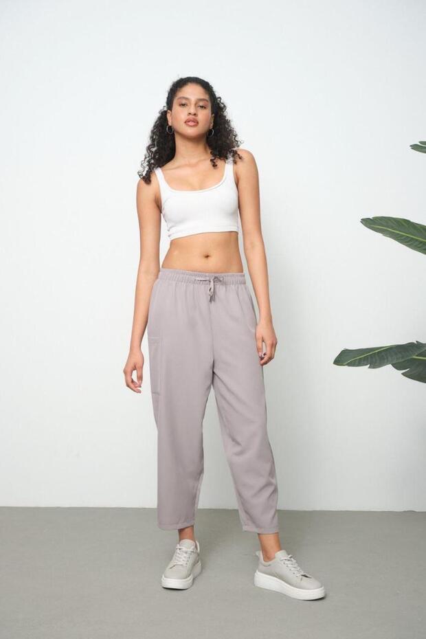 Women's Gray Side Pocket High Waist Woven Fabric Carrot Pants