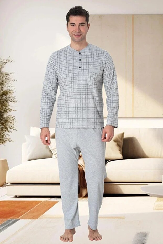 Plus Size Long Sleeve Seasonal Collar Button Men's Pajama Set 80% Cotton, 20% Viscose