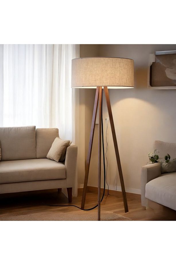 Modern Lambader Ahşap Tripod Ayaklı Lambader Kumaş Abajurlu Şık Görsellik Katar - 2