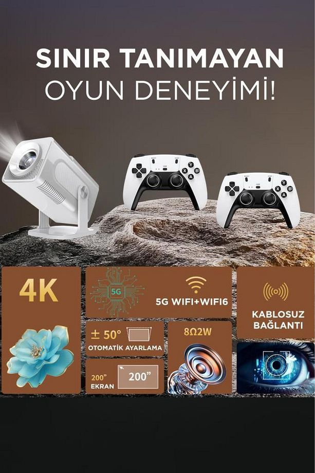 HCS350 Max Beyaz Taşınabilir Retro 1080P Video Konsolu Android Akıllı Projektör Projeksiyon - 5