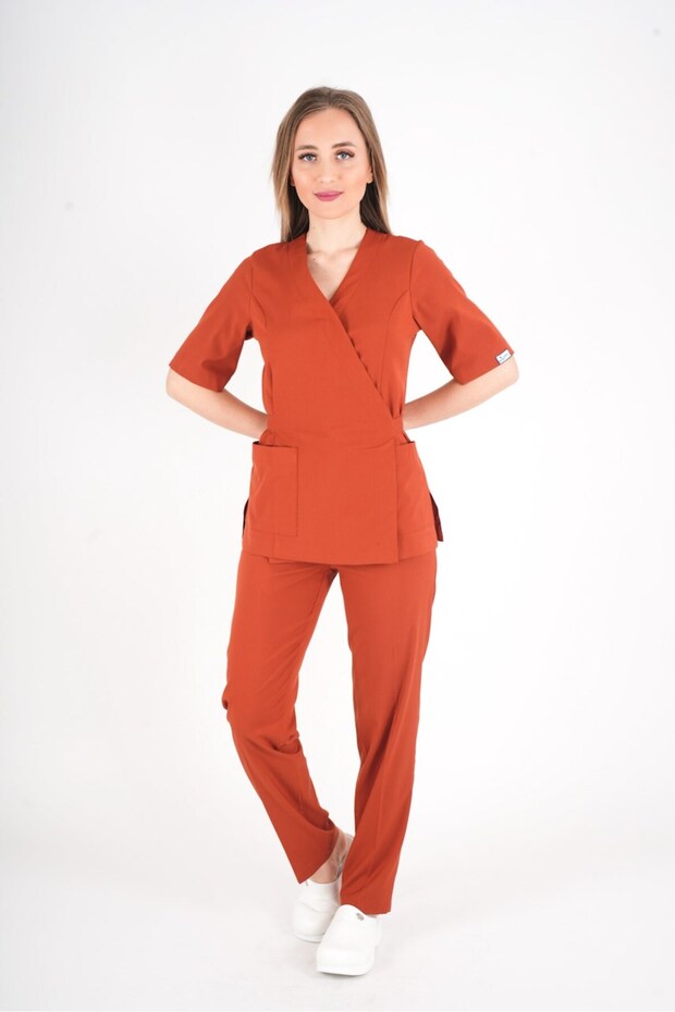 Brick Red Elegant Model Tie-Detail Surgical Uniform Waist-Tied Scrubs Set