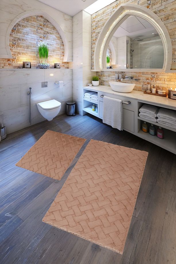 Desenli Tavşan Tüyü Yumuşak 2’li Banyo Paspası – Kaymaz Tabanlı Klozet Takımı Camel - 1