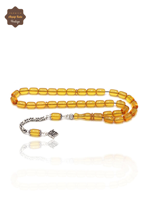 Yellow Capsule Cut Silver Tassel Fire Amber Prayer Beads 201024365