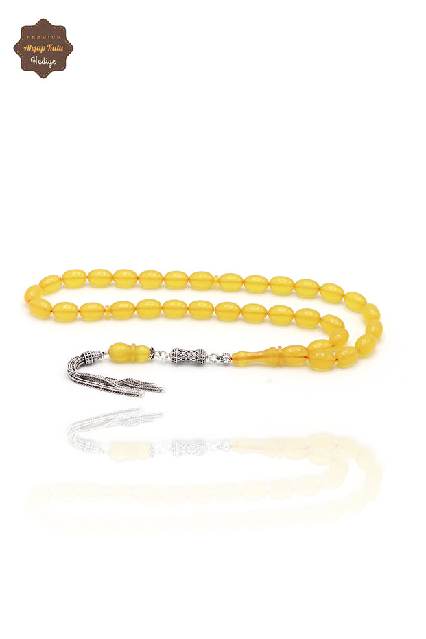 Yellow Barley Cut Triple Silver Tassel Crimping Amber Prayer Beads 201024363