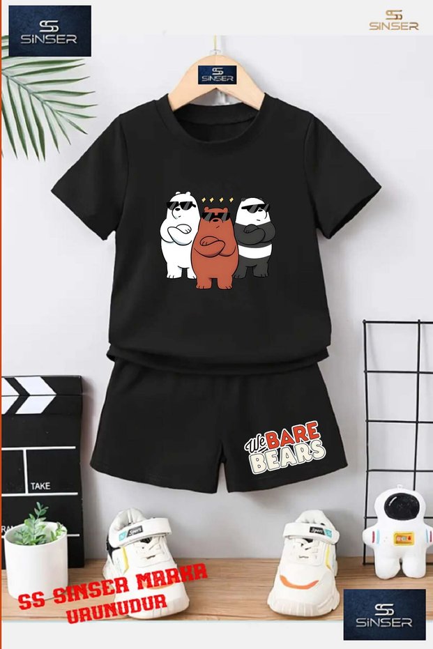 Kids Unisex “Pandas with 3 Glasses“ Custom Printed Crew Neck T-Shirt - Shorts Set