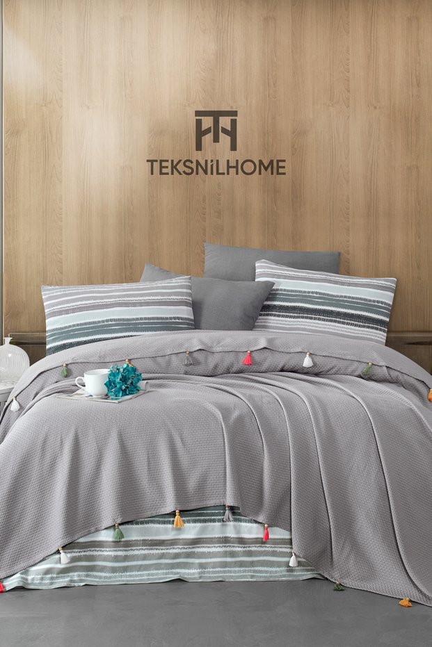 100% Cotton Valeria Tassel Double Tassel Gray Pique Set (Bed Sheet, Pique, Pillow Cover)