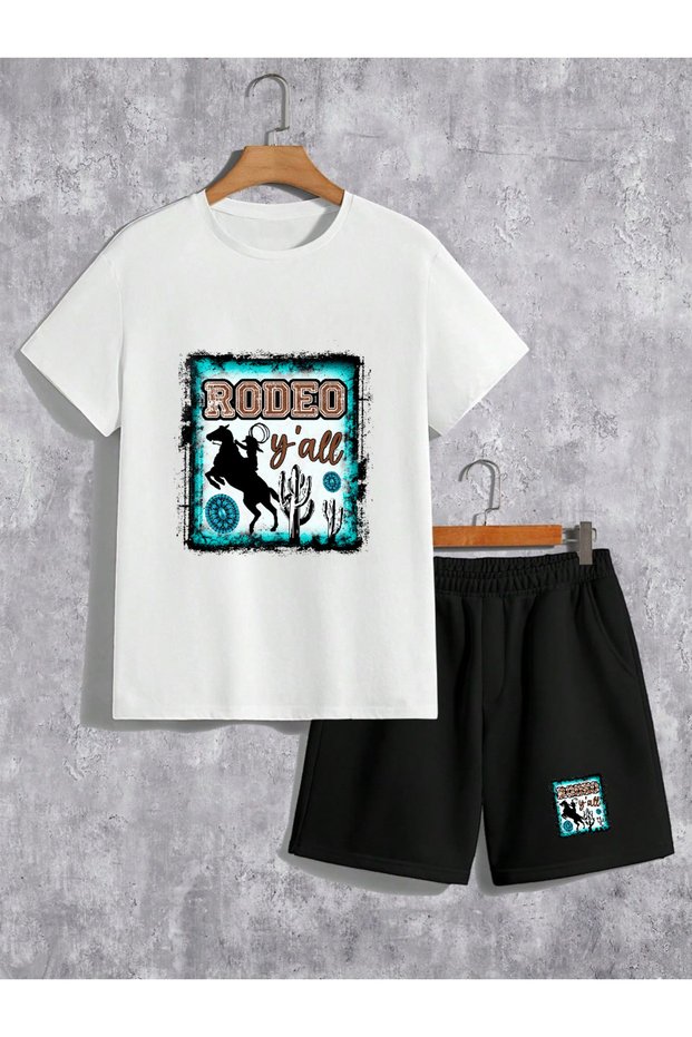 Unisex Cotton White " " Printed Crew Neck Casual T-Shirt / Shorts Set