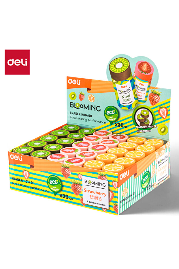 EH01400 Eraser φ22×43mm 30pcs – ideal for kids’ schoolwork & fruity fun