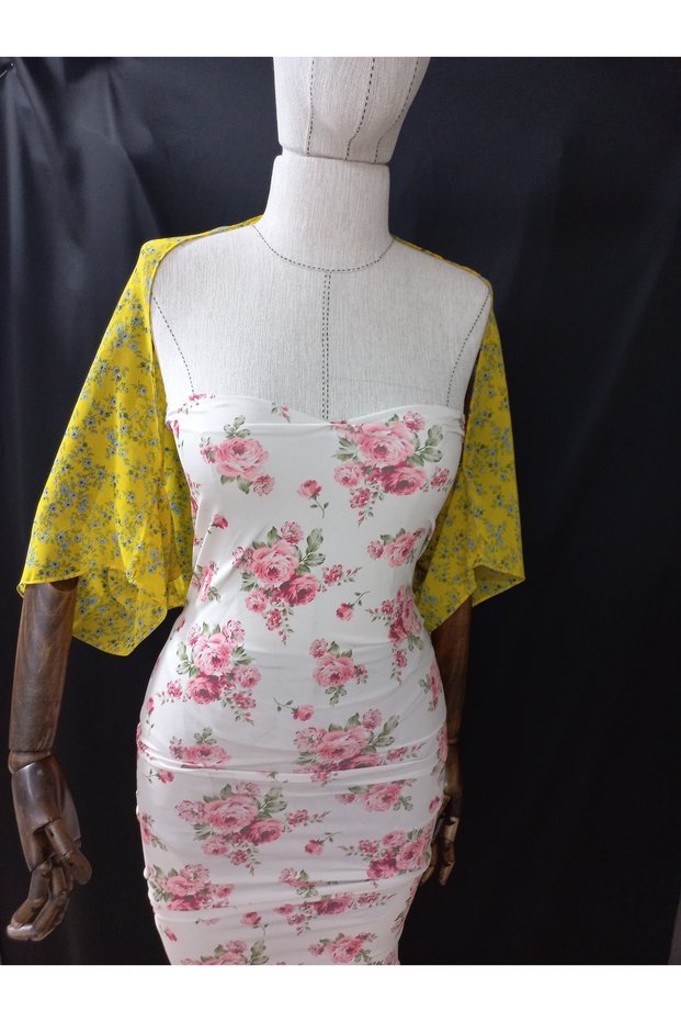 Ariane Print Chiffon Short Sleeve Shawl Yellow-Blue