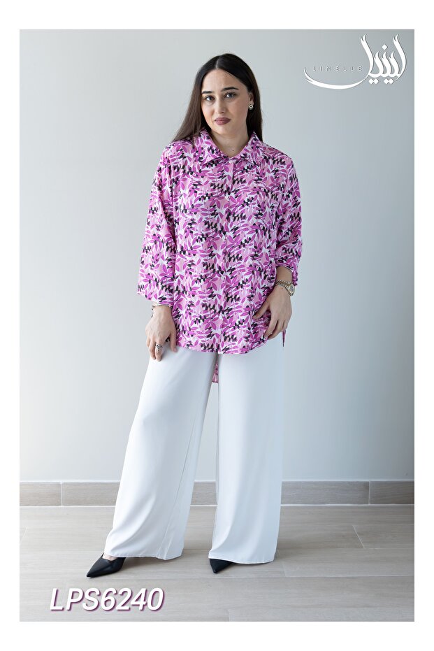 Co-ord Set - Solid White Pants & Leaf Printed Pink Shirt in Satin Blend.