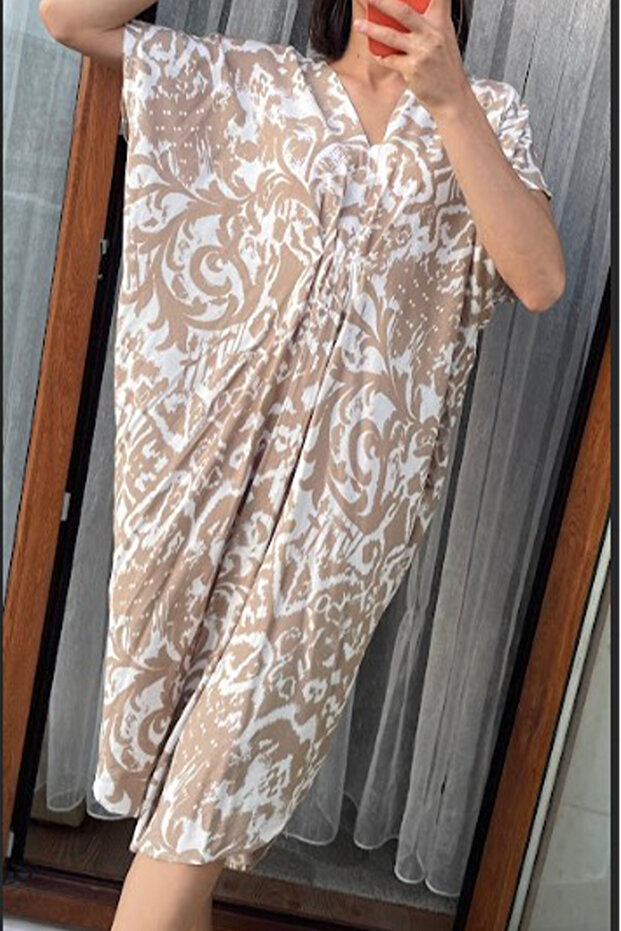 Women's Mink V Blue White Patterned Short Sleeve Midi Pareo Dress