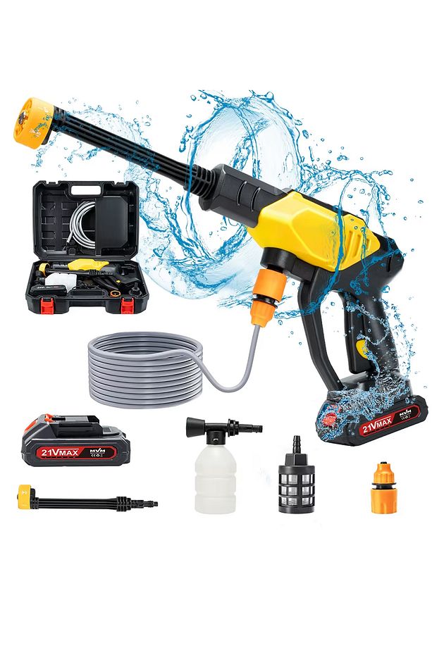 21V Akülü Basınçlı Araç Yıkama Makinesi | 12000mAh Çift Batarya, 135W, 3.6L/dk Su Basıncı - 1