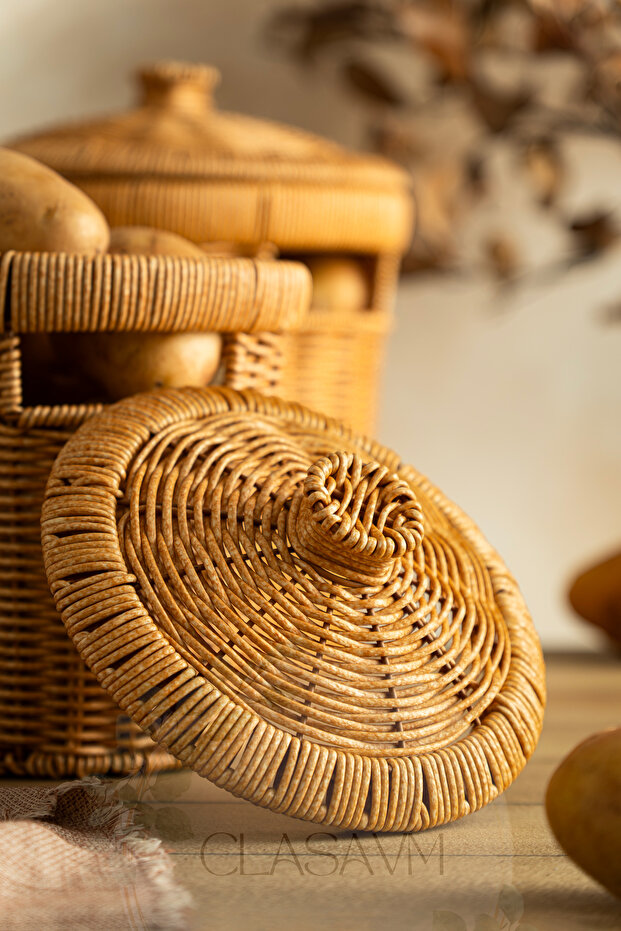 Set of 3 Potato Onion Baskets with Lid – Rattan Look Kitchen Organizer 3 Sizes Presentation Crisper - 3