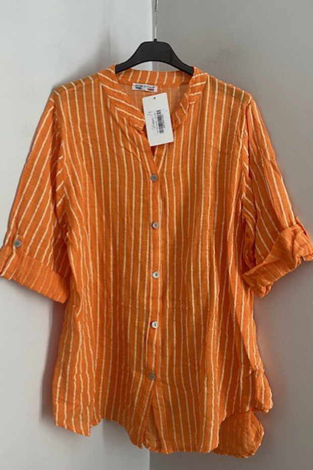 Women's Italian Orange Judge Collar Striped Foldable Orphan Sleeve 100% Cotton Shirt