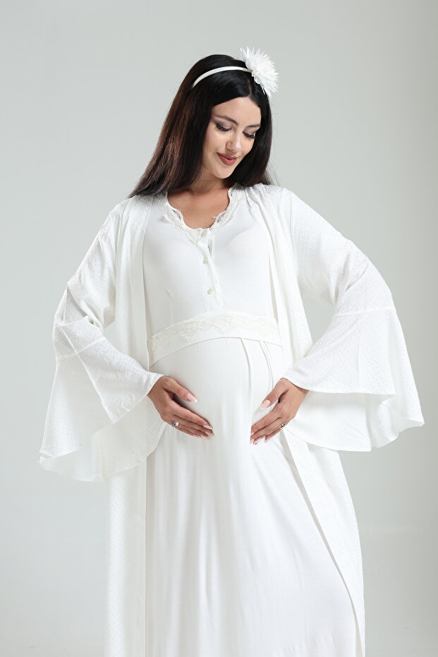 Tuba Ecru Flange Sleeve Lace Maternity Nightgown-Dressing Set of 2