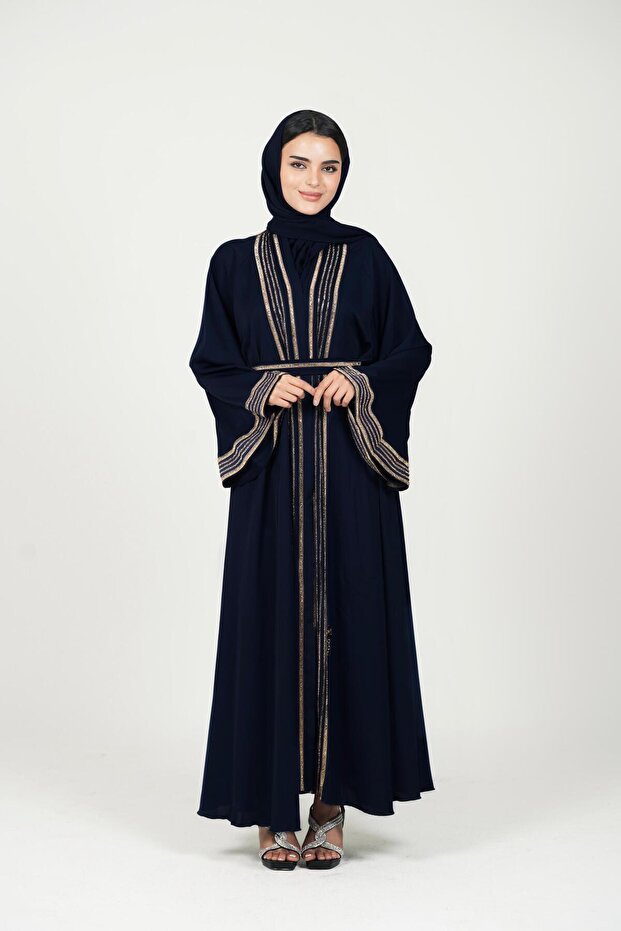 Black beltedDetailed Black Abaya with shawl