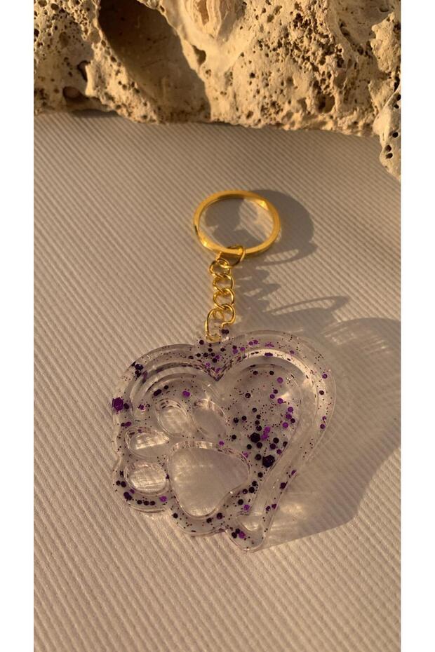 Double Heart Paw Shaped Purple Glitter Decorated Gold Accessory Epoxy Keychain Handmade Gift