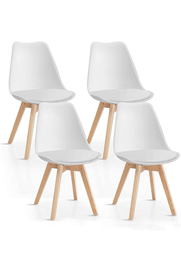 Eamy Set of 4 White Tulip Design Mid Century Modern Upholstered Dining Chairs White & Beech