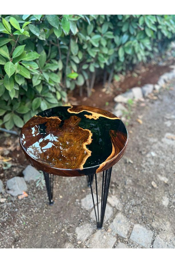 İğde Ağacından El Yapımı Ahşap Epoksi Tekli Yuvarlak Sehpa - Siyah/desen/parlak - 40*55 Cm - 2