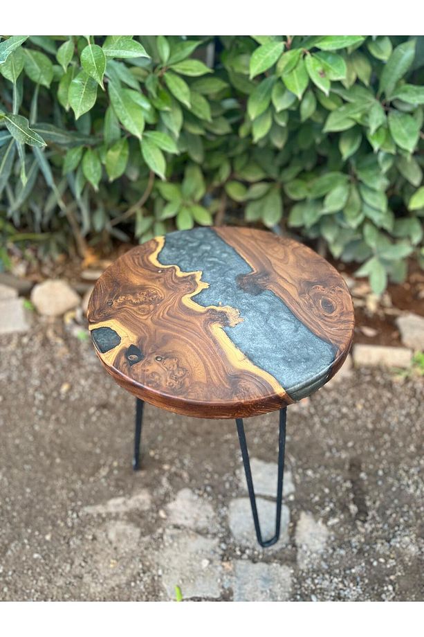 İğde Ağacından El Yapımı Ahşap Epoksi Tekli Yuvarlak Sehpa - Siyah/yeşil Desen - 39*47 Cm - 1