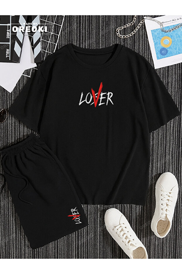 Not a Lover Loser Printed Cotton Unisex Black T-Shirt-Black Shorts Set