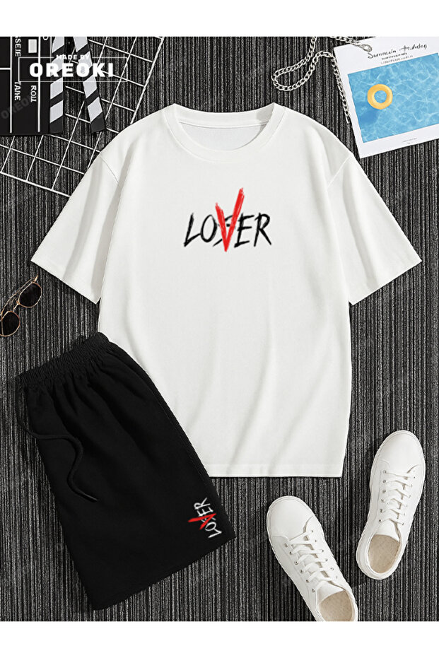 Not a Lover Loser Printed Cotton Unisex White T-Shirt-Black Shorts Set