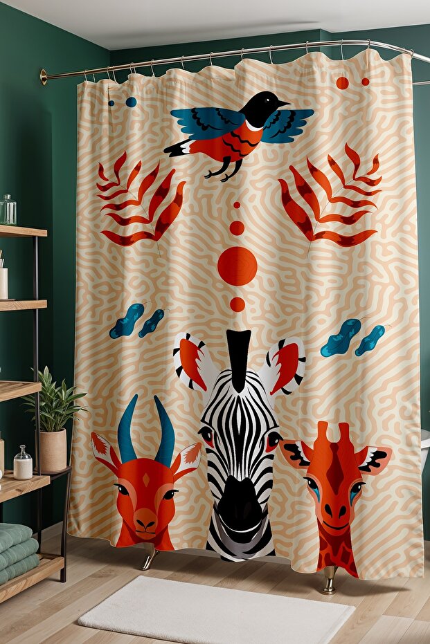 Bathroom Curtain, Natural Safari Animals Patterned Shower Curtain, Bathtub Curtain 175X200Cm