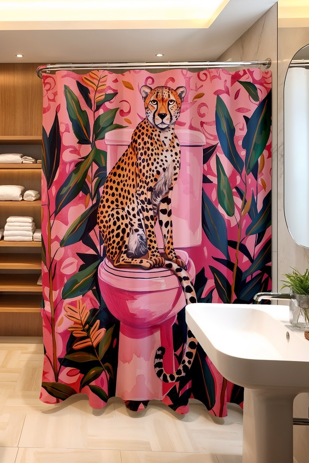 Bathroom Curtain, Pink Leopard Pattern Shower Curtain on the Toilet, Bathtub Curtain 175X200Cm