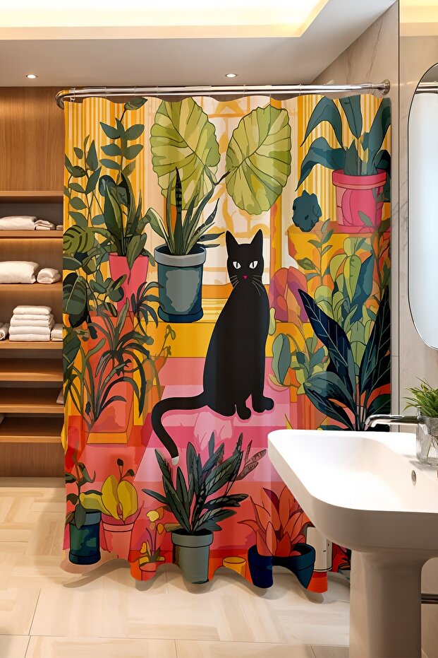 Bathroom Curtain, Botanical Cat Pattern Shower Curtain in the Room, Bathtub Curtain 175X200Cm