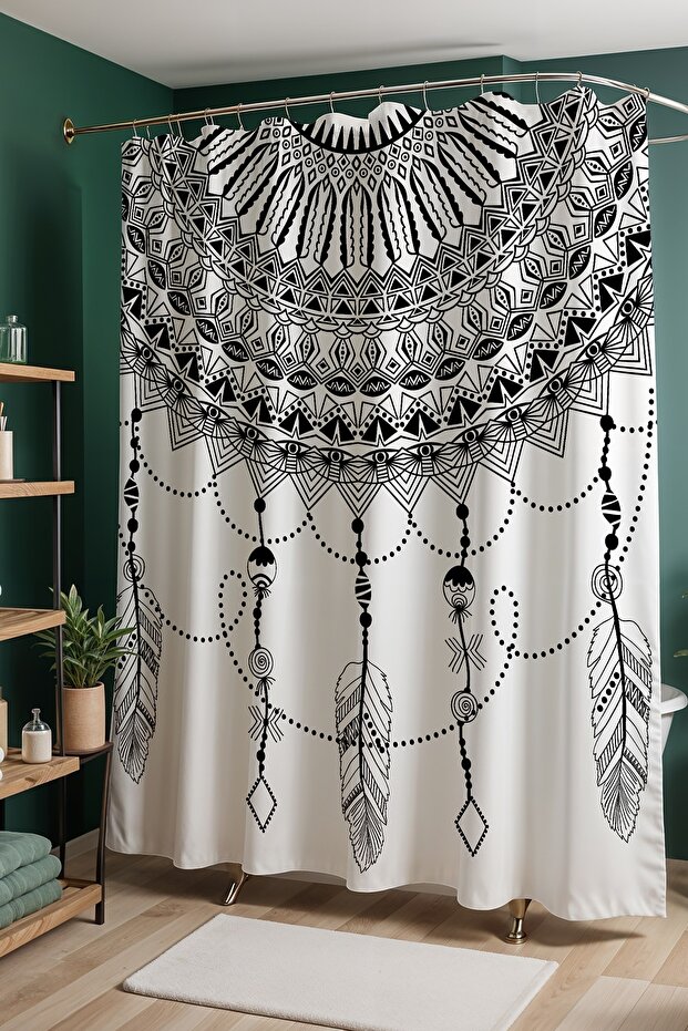 Bathroom Curtain, Mandala Black and White Patterned Shower Curtain, Bathtub Curtain 175X200Cm