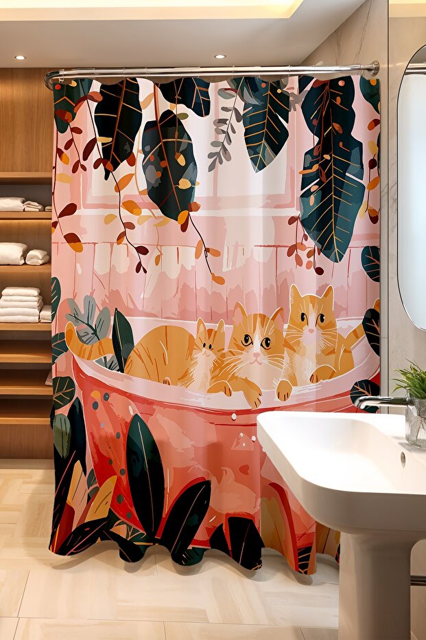 Bathroom Curtain, Cats in the Bathtub Patterned Shower Curtain, Bathtub Curtain 175X200Cm
