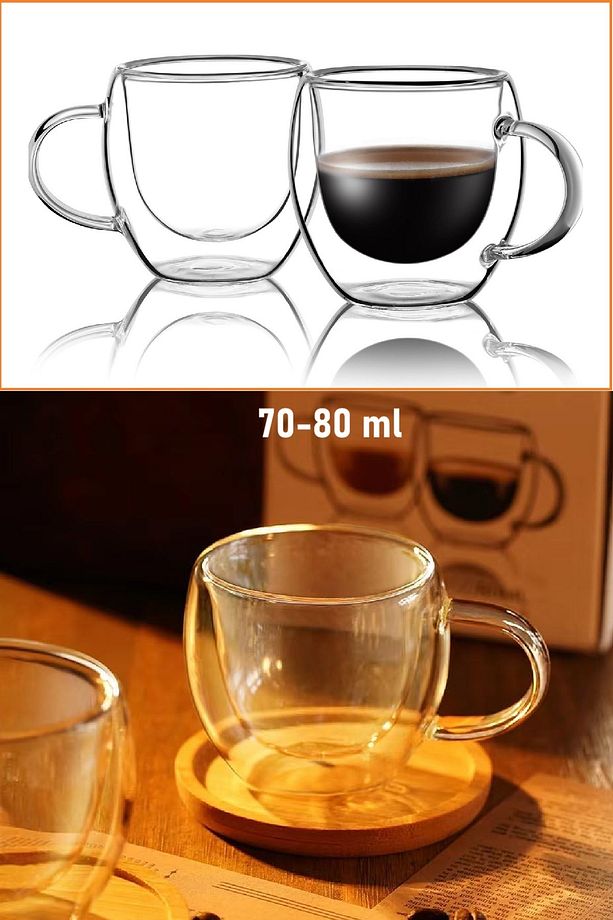 Çift Çidarlı Kulplu Borosilikat Cam Kahve Kupası, Mini Çay Kupası, Espresso ve Latte Kupası 80 ml - 3