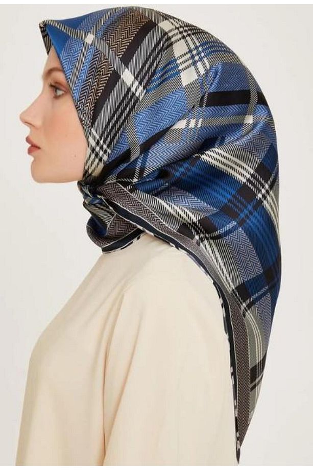 İpek Eşarp 2025 Kış - 9223-33 Lacivert Krem Twill - 3