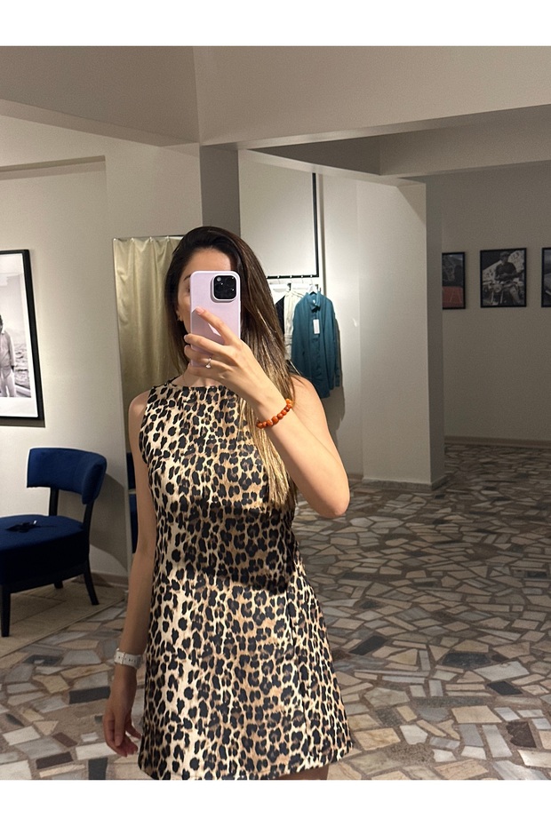 Kadın leopar mini elbise - 7